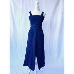 Wide-Leg Navy Blue Denim Jumpsuit with Square Neck